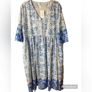 Maldila V Neck Bohemian Dress Blue and White NWT Size 3X
